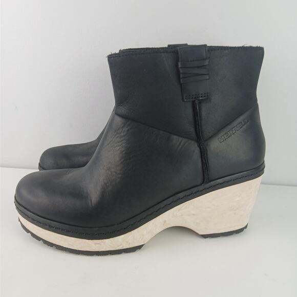 Merrell Women's SZ 7 Halendi Bluff Pull On Clog Bootie In Black Wedge Platform - Picture 4 of 7